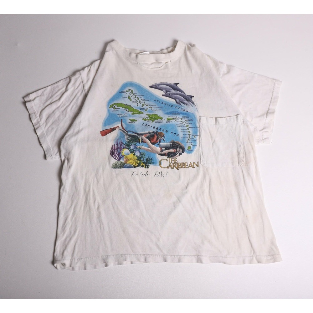 Vintage Paradise Caribbean Scuba Dolphin Pocket T-Shirt XL White Single Stitch